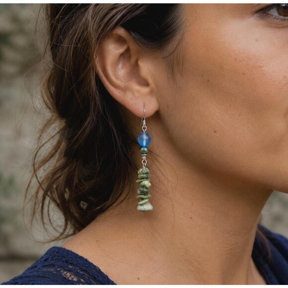 Handmade Jewelry - Aqua Blue Glass & Green Serpentine Dangle Earrings